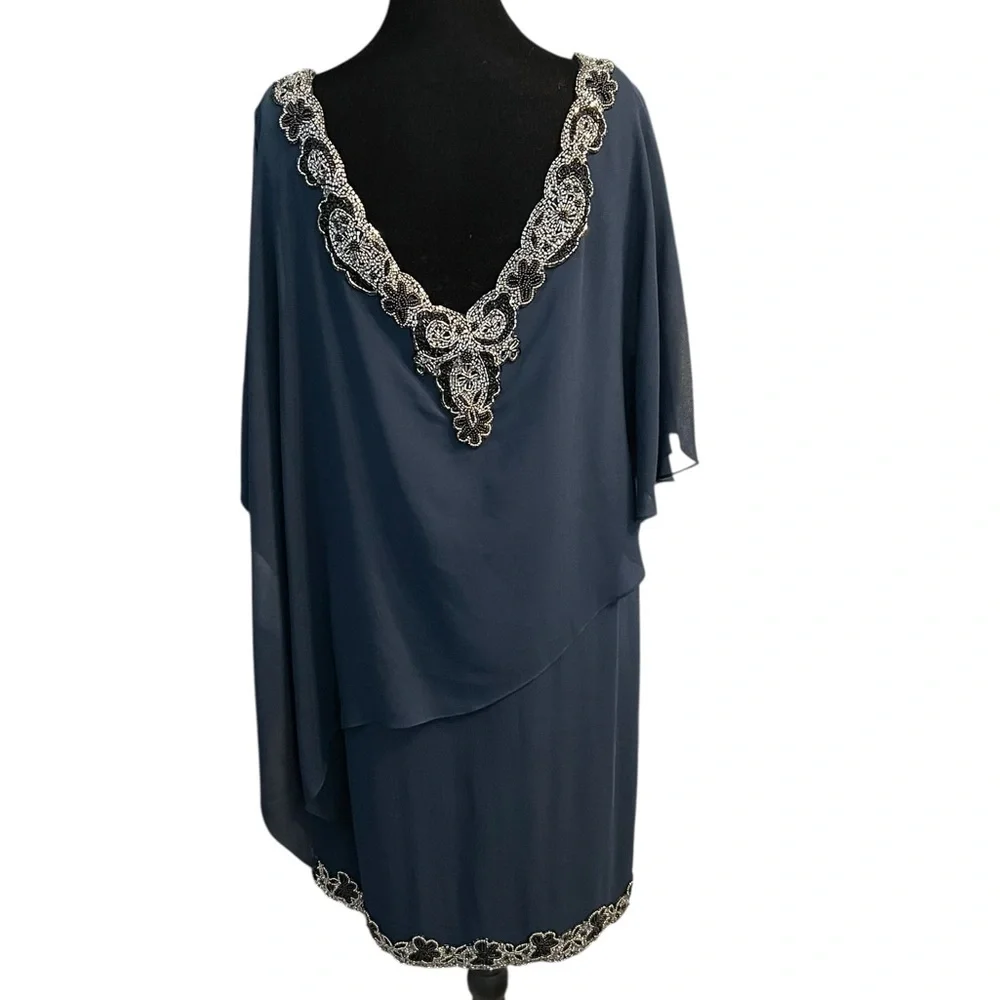 JKARA Navy Petite Beaded Cocktail Dress Womens 16P - Picture 3 of 7